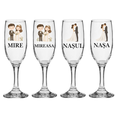 Pahare Nunta Miri/Nasi - Set pahare cristal miri si nasi 4 bucati pentru nunta