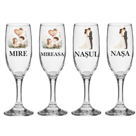 Pahare Nunta Miri/Nasi - Set pahare elegante 4 bucati pentru mirii si nasii, design festiv, pentru cununie