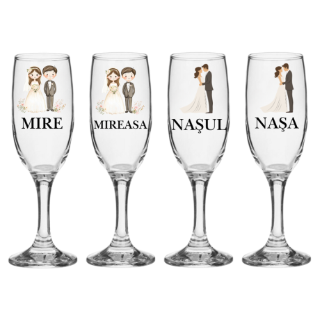 Pahare Nunta Miri/Nasi - Set pahare elegante miri si nasi pentru nunta 4 bucati