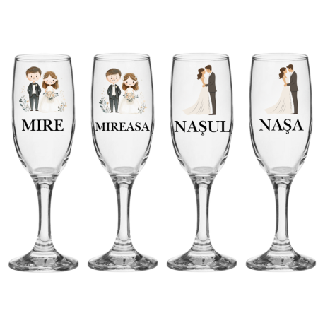 Pahare Nunta Miri/Nasi - Set pahare festive pentru nunta miri si nasi 4 bucati