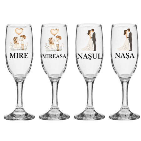 Pahare Nunta Miri/Nasi - Set pahare miri si nasi 4 bucati pentru nunta