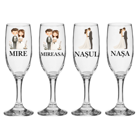 Pahare Nunta Miri/Nasi - Set pahare miri si nasi cadou de nunta 4 bucati