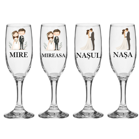 Pahare Nunta Miri/Nasi - Set pahare nunta 4 bucati miri si nasi cadou special