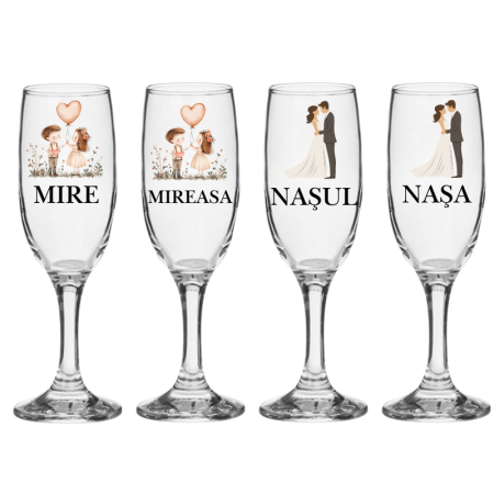 Pahare Nunta Miri/Nasi - Set pahare nunta personalizate miri si nasi 4 bucati
