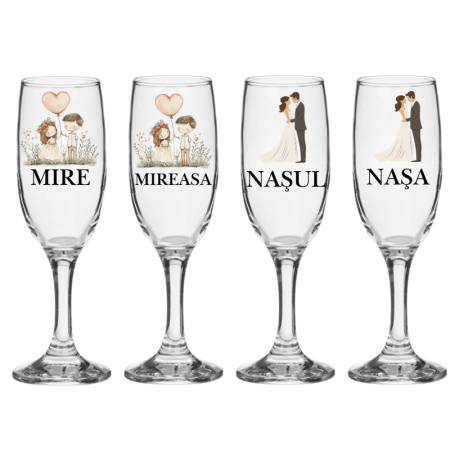 Pahare Nunta Miri/Nasi - Set pahare nunta speciale miri si nasi 4 bucati