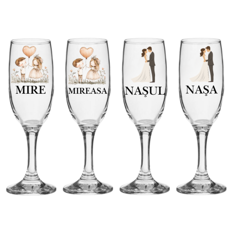 Pahare Nunta Miri/Nasi - Set pahare personalizate miri și nași, 4 bucăți, elegant, pentru nuntă