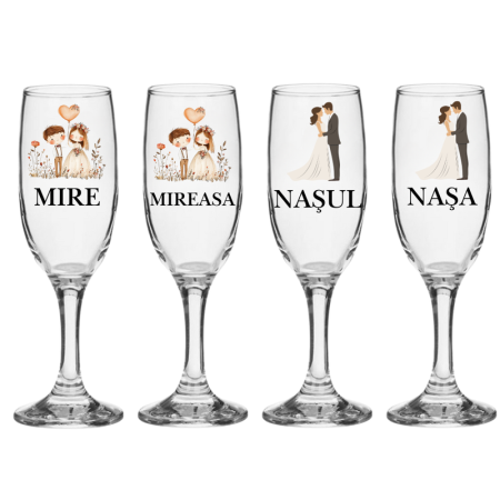Pahare Nunta Miri/Nasi - Set pahare personalizate pentru nunta miri si nasi 4 bucati