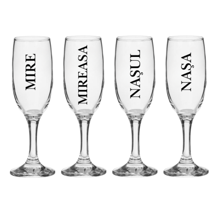 Accesorii Nunta - Set pahare Sampanie din sticla, personalizate, Miri si Nasi, pentru nunta