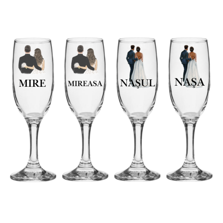 Pahare Nunta Miri/Nasi - Set pahare Sampanie din sticla, personalizate, Miri si Nasi, pentru nunta, model 1