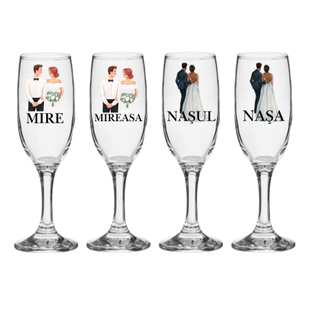 Accesorii Nunta - Set pahare Sampanie din sticla, personalizate, Miri si Nasi, pentru nunta, model 2