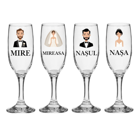 Accesorii Nunta - Set pahare Sampanie din sticla, personalizate, Miri si Nasi, pentru nunta, model 3