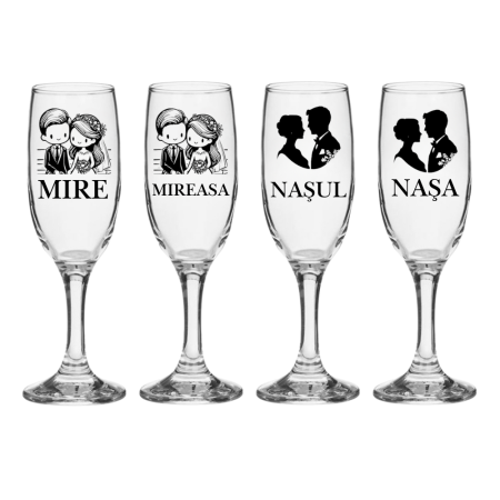 Pahare Nunta Miri/Nasi - Set pahare Sampanie din sticla, personalizate, Miri si Nasi, pentru nunta, model 4