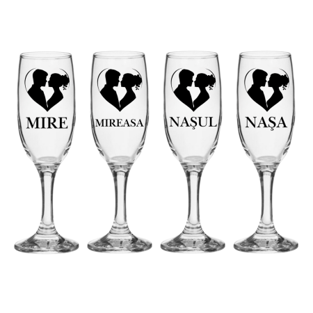 Accesorii Nunta - Set pahare Sampanie din sticla personalizate Miri si Nasi, pentru nunta, model 5