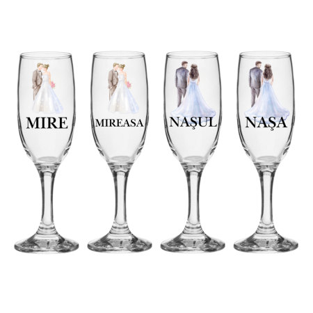 Accesorii Nunta - Set pahare Sampanie din sticla personalizate, Miri si Nasi, pentru nunta, model 5