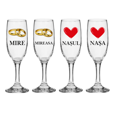 Pahare Nunta Miri/Nasi - Set pahare Sampanie din sticla, personalizate, Miri si Nasi, pentru nunta, model 6