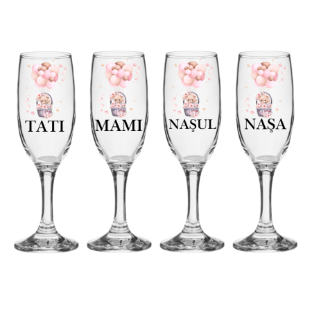 Pahare Nunta Miri/Nasi - Set pahare Sampanie din sticla, personalizate, Parinti si Nasi, pentru botez, 4 buc