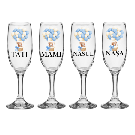 Pahare Nunta Miri/Nasi - Set pahare Sampanie din sticla, personalizate, Parinti si Nasi, pentru botez 4 bucati
