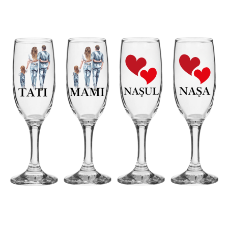 Pahare Nunta Miri/Nasi - Set pahare Sampanie din sticla, personalizate, Parinti si Nasi, pentru botez