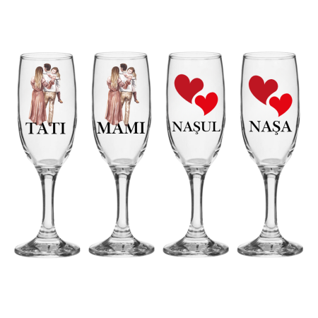Pahare Nunta Miri/Nasi - Set pahare Sampanie din sticla, personalizate, Parinti si Nasi, pentru botez copil, model 10