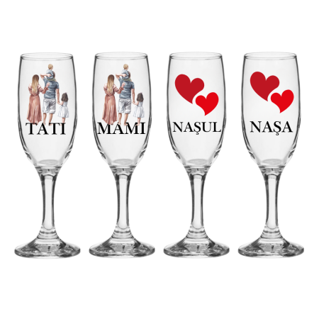 Pahare Nunta Miri/Nasi - Set pahare Sampanie din sticla, personalizate, Parinti si Nasi, pentru botez fetita/baieti, 4 bucati