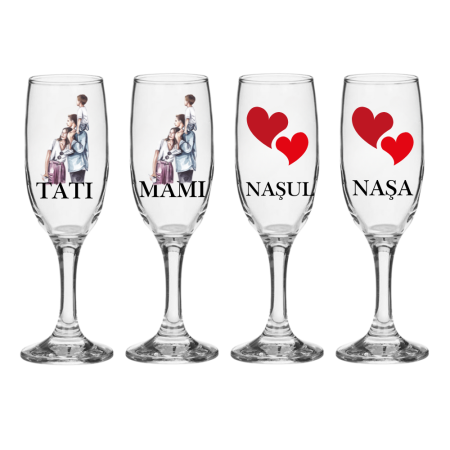 Pahare Nunta Miri/Nasi - Set pahare Sampanie din sticla, personalizate, Parinti si Nasi, pentru botez, minimalist