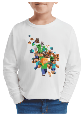 Tricouri Copii - Tricou baieti Minecraft, maneca lunga, alb, 5-6 ani