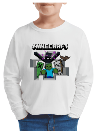 Tricouri Copii - Tricou baieti Minecraft, maneca lunga, alb, 7-8 ani