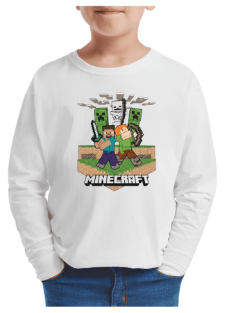 Tricouri Copii - Tricou baieti Minecraft, maneca lunga, alb, 7-8 ani