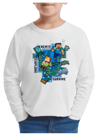 Tricouri Copii - Tricou baieti Minecraft, maneca lunga, alb, 9-10 ani