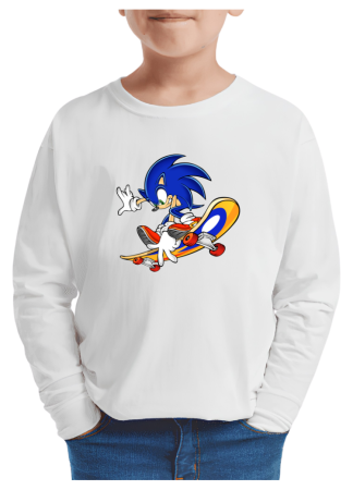 Tricouri Copii - Tricou baieti Sonic, maneca lunga, alb, 7-8 ani