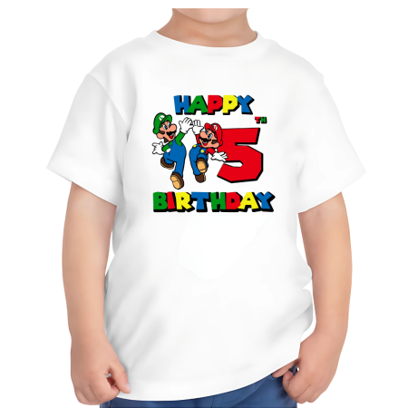 Tricouri Copii - Tricou copii, aniversar, tematica Happy Birthday, Super Mario, pentru baieti, 5 ani