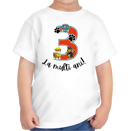 Tricouri Copii - Tricou copii, aniversare La multi ani, tematica Patrula Catelusilor (Paw Patrol), pentru baieti, 3 ani
