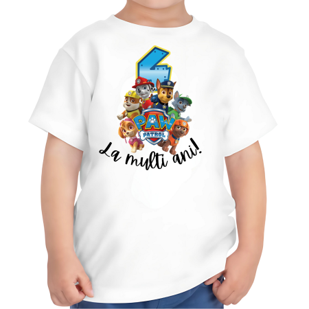 Tricouri Copii - Tricou copii, aniversare La multi ani, tematica Patrula Catelusilor (Paw Patrol), pentru baieti, 4 ani
