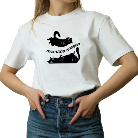 Tricouri Personalizate - Tricou dama, Cat Meow Morning Coffee, Pentru iubitorii de pisici, culoarea alb
