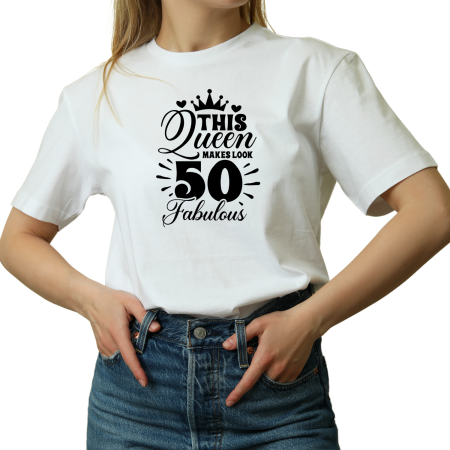Tricouri Personalizate - Tricou Dama cu mesaj amuzant, Zi de nastere 50 ani, La multi ani, alb