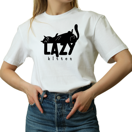 Tricouri Personalizate - Tricou dama, Lazy Kitten, Pentru iubitorii de pisici, culoarea alb
