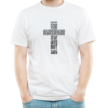 Tricouri Personalizate - Tricou FaithWear Alb Religios cu Semnul Crucii si rugaciunea Tatal Nostru, din Bumbac Premium