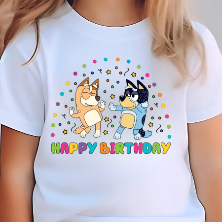 Tricouri Copii - Tricou fete, aniversare, tematica Bingo si Bluey, Happy Birthday, 3 ani