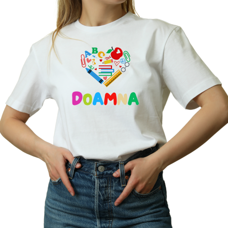 Tricouri Personalizate - Tricou haios, cu mesaj ''Doamna'' pentruCea mai buna Invatatoare/Profesoara, alb