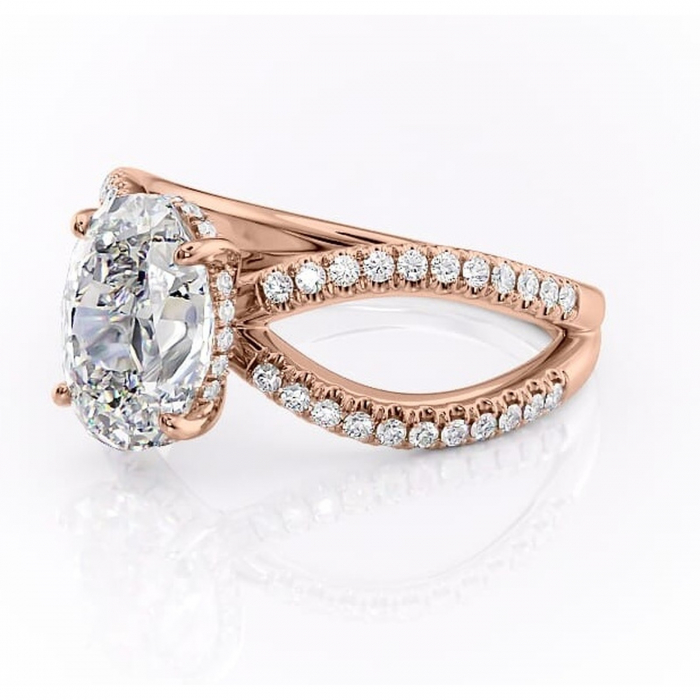 Inel de logodnă Acacia din aur Rose 14kt cu moissanite tăietură ovală – Montură pavé rafinată pentru profil înalt | Personalizează și configurează gratuit online [7]