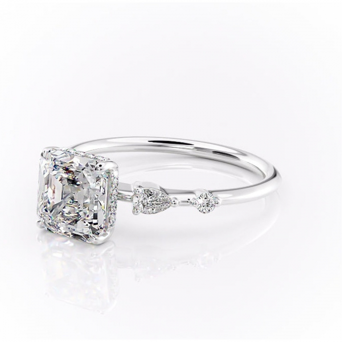 Inel de logodnă Azalea din aur Alb 14kt cu moissanite tăietură asscher – Montură cu trei pietre rafinată pentru profil mediu | Personalizează și configurează gratuit online [7]