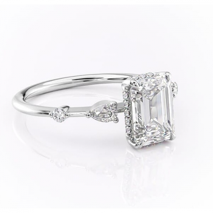 Inel de logodnă Azalea din aur Alb 14kt cu moissanite tăietură smarald – Montură cu trei pietre rafinată pentru profil mediu | Personalizează și configurează gratuit online [1]