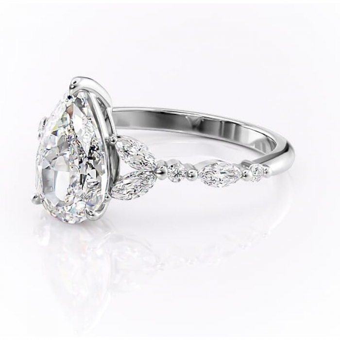 Inel de logodnă Bloom din aur Alb 14kt cu moissanite tăietură pară – Montură cu trei pietre rafinată pentru profil mediu | Personalizează și configurează gratuit online [7]