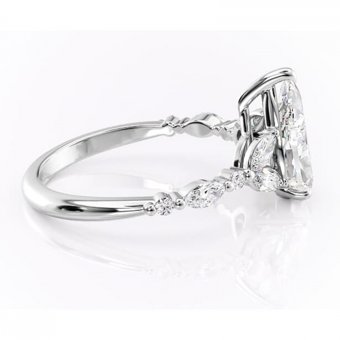 Inel de logodnă Bloom din aur Alb 14kt cu moissanite tăietură pară – Montură cu trei pietre rafinată pentru profil mediu | Personalizează și configurează gratuit online [2]