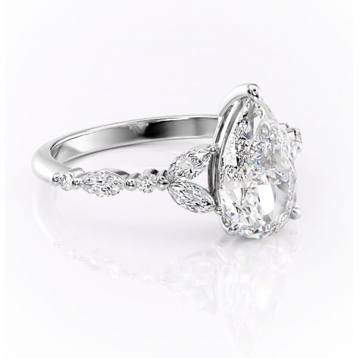 Inel de logodnă Bloom din aur Alb 14kt cu moissanite tăietură pară – Montură cu trei pietre rafinată pentru profil mediu | Personalizează și configurează gratuit online [1]