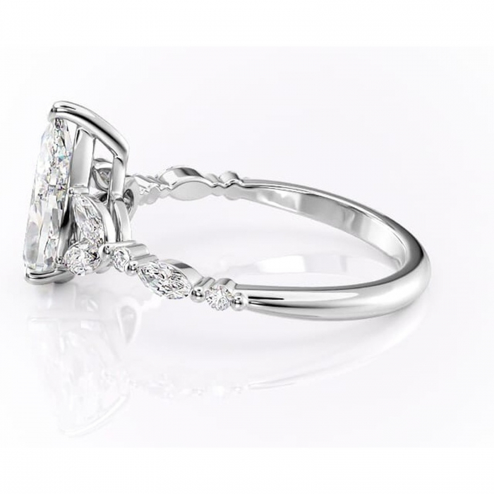 Inel de logodnă Bloom din aur Alb 14kt cu moissanite tăietură pară – Montură cu trei pietre rafinată pentru profil mediu | Personalizează și configurează gratuit online [6]