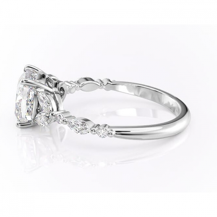 Inel de logodnă Bloom din aur Alb 14kt cu moissanite tăietură pernă – Montură cu trei pietre rafinată pentru profil mediu | Personalizează și configurează gratuit online [6]