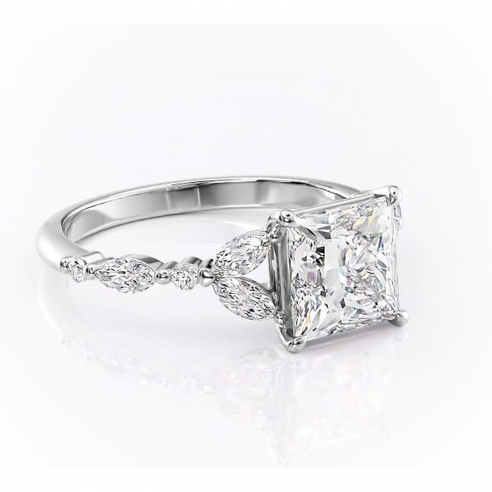 Inel de logodnă Bloom din aur Alb 18kt cu moissanite tăietură princess – Montură cu trei pietre rafinată pentru profil mediu | Personalizează și configurează gratuit online [1]