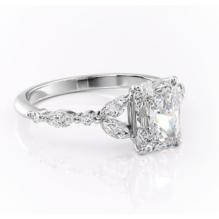 Inel de logodnă Bloom din aur Alb 14kt cu moissanite tăietură radiantă – Montură cu trei pietre rafinată pentru profil mediu | Personalizează și configurează gratuit online [1]