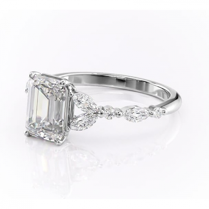 Inel de logodnă Bloom din aur Alb 14kt cu moissanite tăietură smarald – Montură cu trei pietre rafinată pentru profil mediu | Personalizează și configurează gratuit online [7]